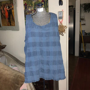 Women's FLAX Blue Plaid striped Linen Blend Tank Top Size L